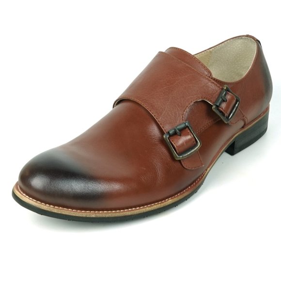 Encore by Fiesso FI-9051 Brown Leather Double Monk Strap - Picture 1 of 8